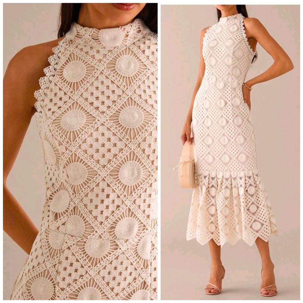New Crochet Embroidered Lace Halter Top Mermaid Hem Midi Dress Tan Beige Cream
